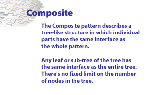 3) Composite Pattern describes a tree-like structure in which individual parts have the same interface as the whole pattern. Any leaf or sub-tree of the tree has the same interface as the entire tree. There is no fixed limit on the number of nodes in the three